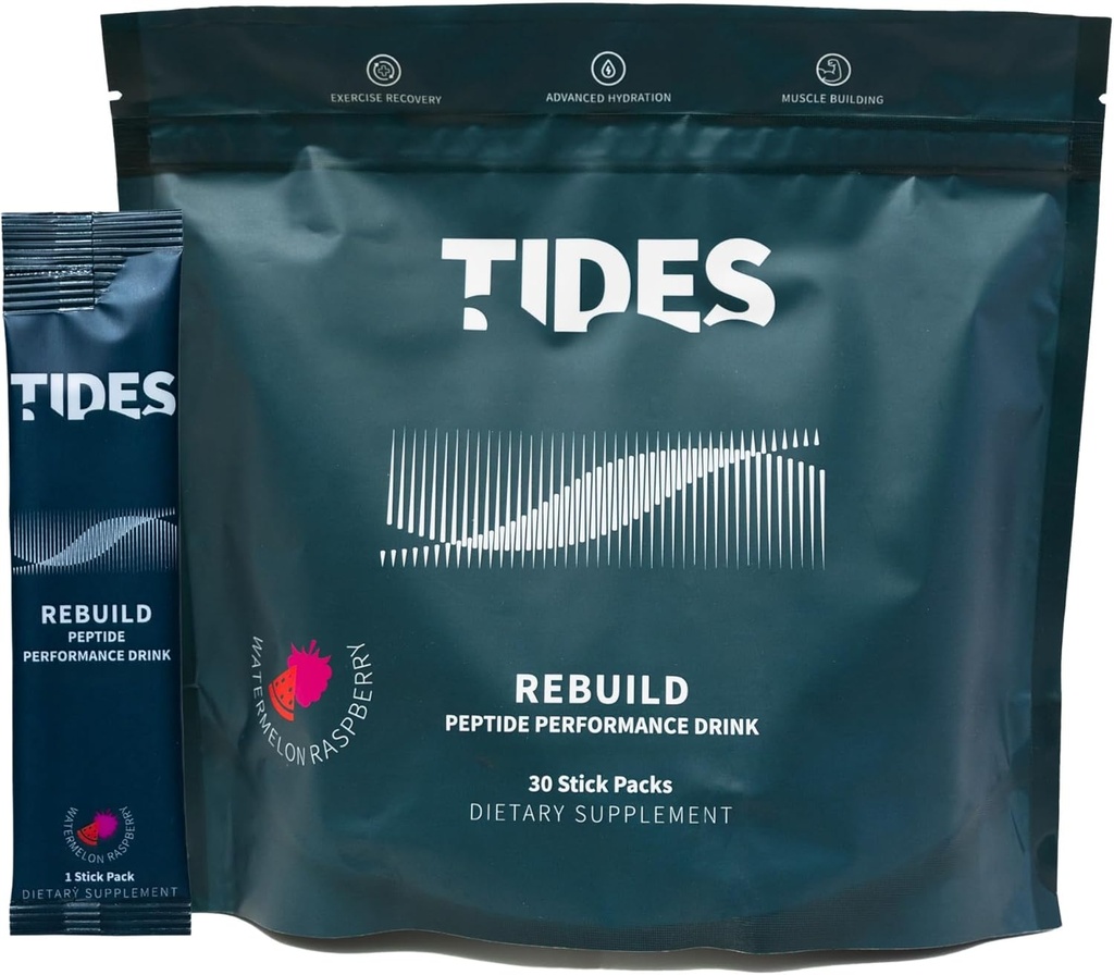 Tides Rebuild Complejo Peptide Stick Pack, Watermelon Rasberry, Flavored Powder Drink Mix Packs para Muscle Health Support, 30 Stick Packs