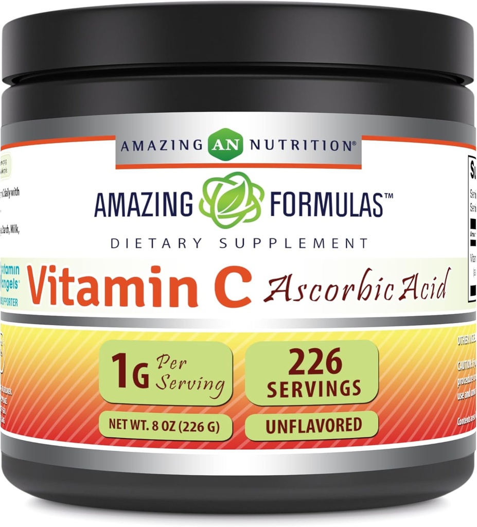 Fórmulas asombrosas Vitamina C (Acid acúsbico) 8 Oz Powder Suplemento TEN 1 Gram Por Serving TENIDO 226 Servimientos TENIDO NO-GMO TEN Gluten Free TEN Made in USA