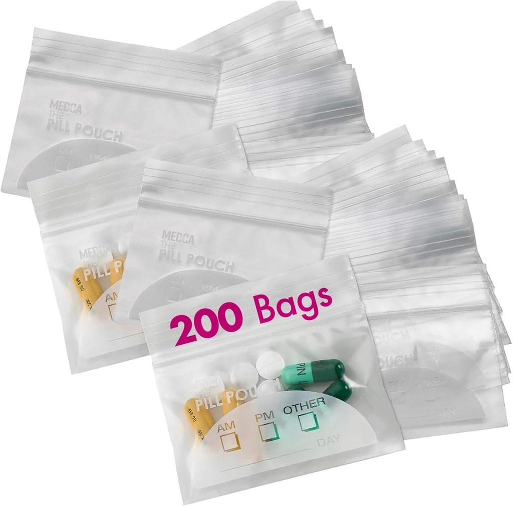 Pill Pouch Bags - (Pack of 200) 3" x 2.75" - BPA Gratis, Poly Bag Disposable Zipper Pills Baggies, Daily AM PM Travel Medicine Organizer Storage Pouches, Best Clear Reusable with Write-on Labels