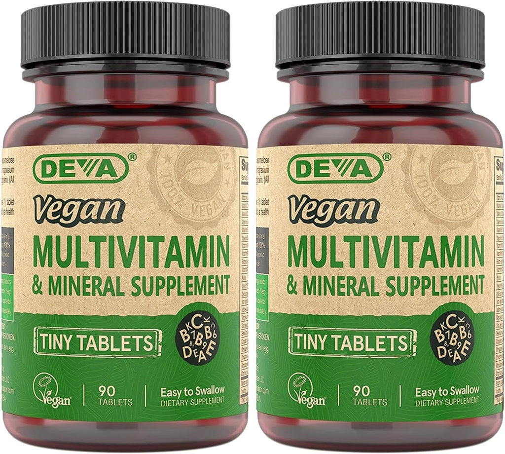 DEVA Tiny Tablets Vegan Multivitamin for Women &amp; Men 2-Pack with Iron, Vitamina C, E, B Complex Vitamins, Zinc, 90 Tablets Cada