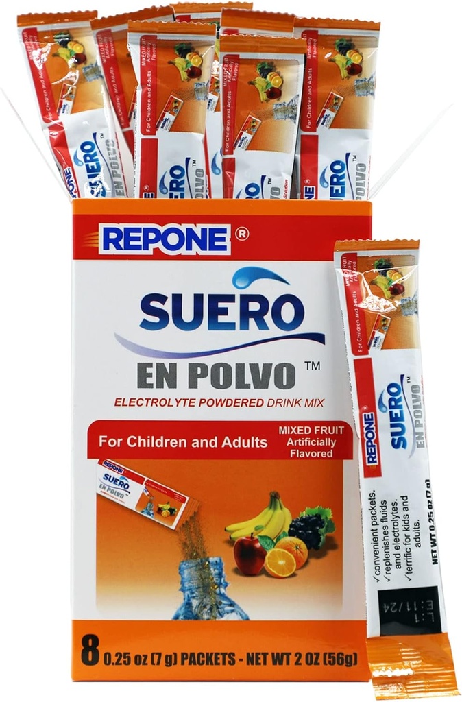 REPONE SUERO Electrolyte Powder Solution Fruit Flavor, 8 paquetes Oz, 1 caja con 8 paquetes.