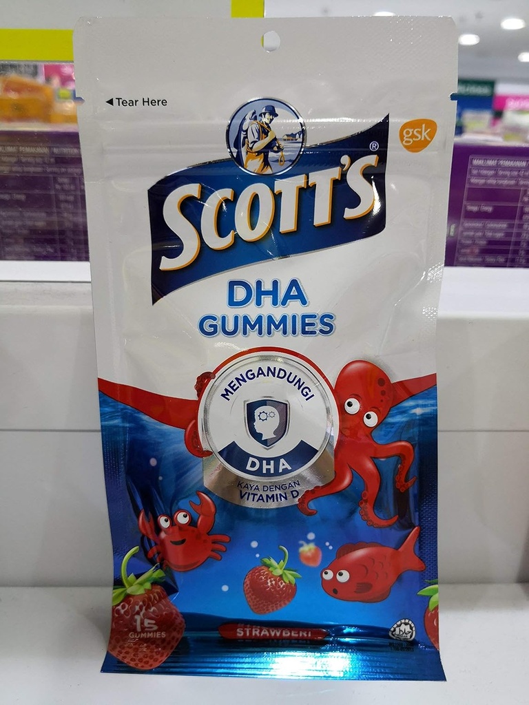 El DHA Gummies de Scott,Strawberry Flavour, 15s,Vitamin D, Esencial para el crecimiento saludable y el desarrollo en los niños y la función sana de inmunodeficiencia.