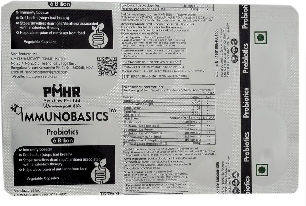 Pro y Prebiótico 6 Billones CFU Capsules Silencio Contiene L. Acidophillus, L. Rhamnosus, L. paracasei, L. Returi, Saccharomyces Boulardii, Bacillus Clausii y FOS para Gut Health.