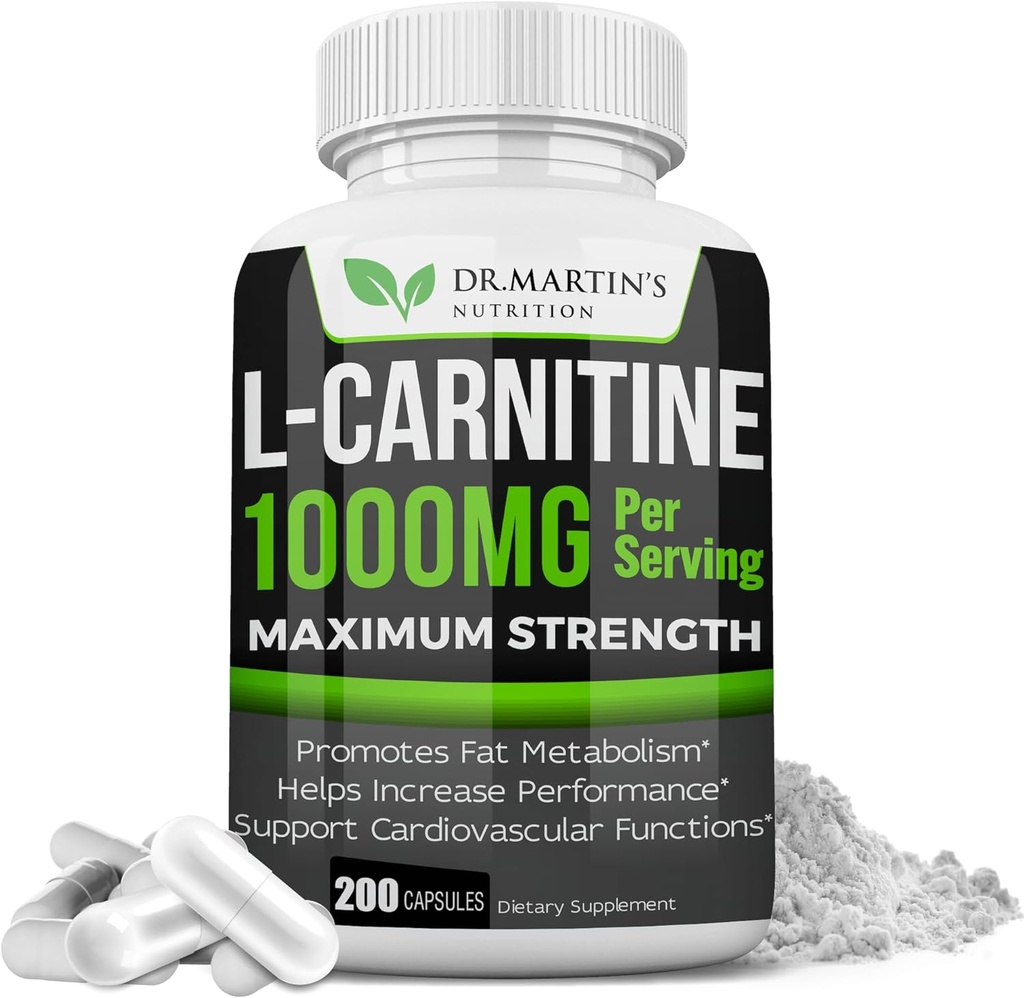 DR. MARTIN'S NUTRITION Extra Strength L-Carnitine - 200 Capsules - 1000mg Por Serving - Boost Your Metabolism and Increase Performance