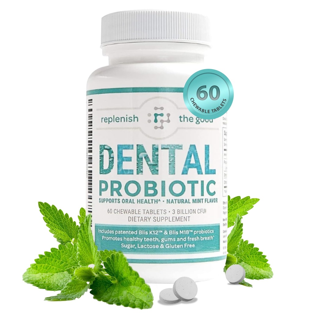 Probiótico Oral Dental, 60 Tablas Chewable - Suplementos w/BLIS K12 &amp; M18 - Tratamiento de mal aliento para adultos - Boosts Salud Oral - Combate Halitosis, Decay de Tooth, Garganta de Strep (Frevor Mint)