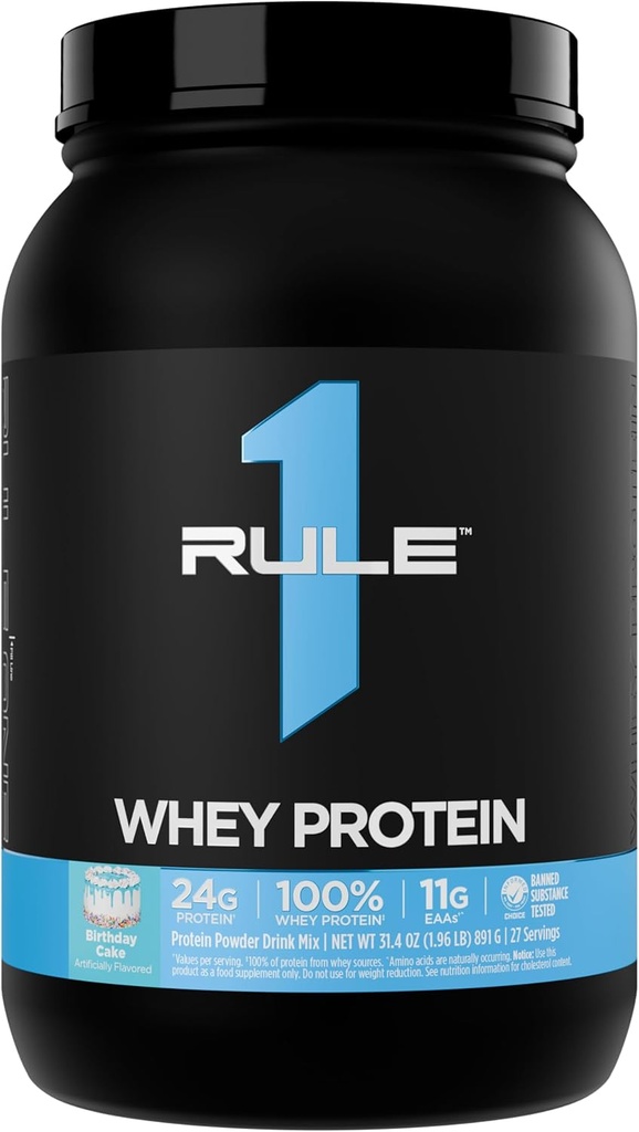 Rule 1 Whey Protein – 24g Fast-Acting Protein from All-Whey Sources with Naturally Occurring EAAs & BCAAs for Workout Recovery or Anytime Use (2 Pounds*, Birthday Cake)