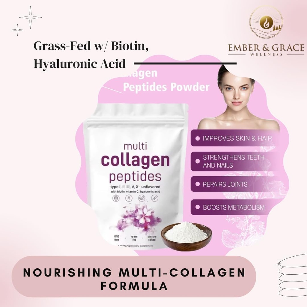 Ember &amp; Grace Wellness Multi Collagen Protein Powder – Tipo I,II,III,V,X con Biotina, Ácido Hialurónico, Vitamina C – Peptides Collagen Desarmados – Keto & Paleo Friendly, Easy Dissolve, Non-GMO