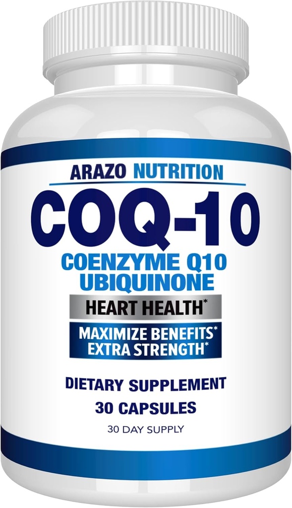 Arazo Nutrition CoQ10 Ubiquinone Coenzyme Q10-200mg Maximum Strength Nutritional Supplement - High Absorp Soy Capsules with No