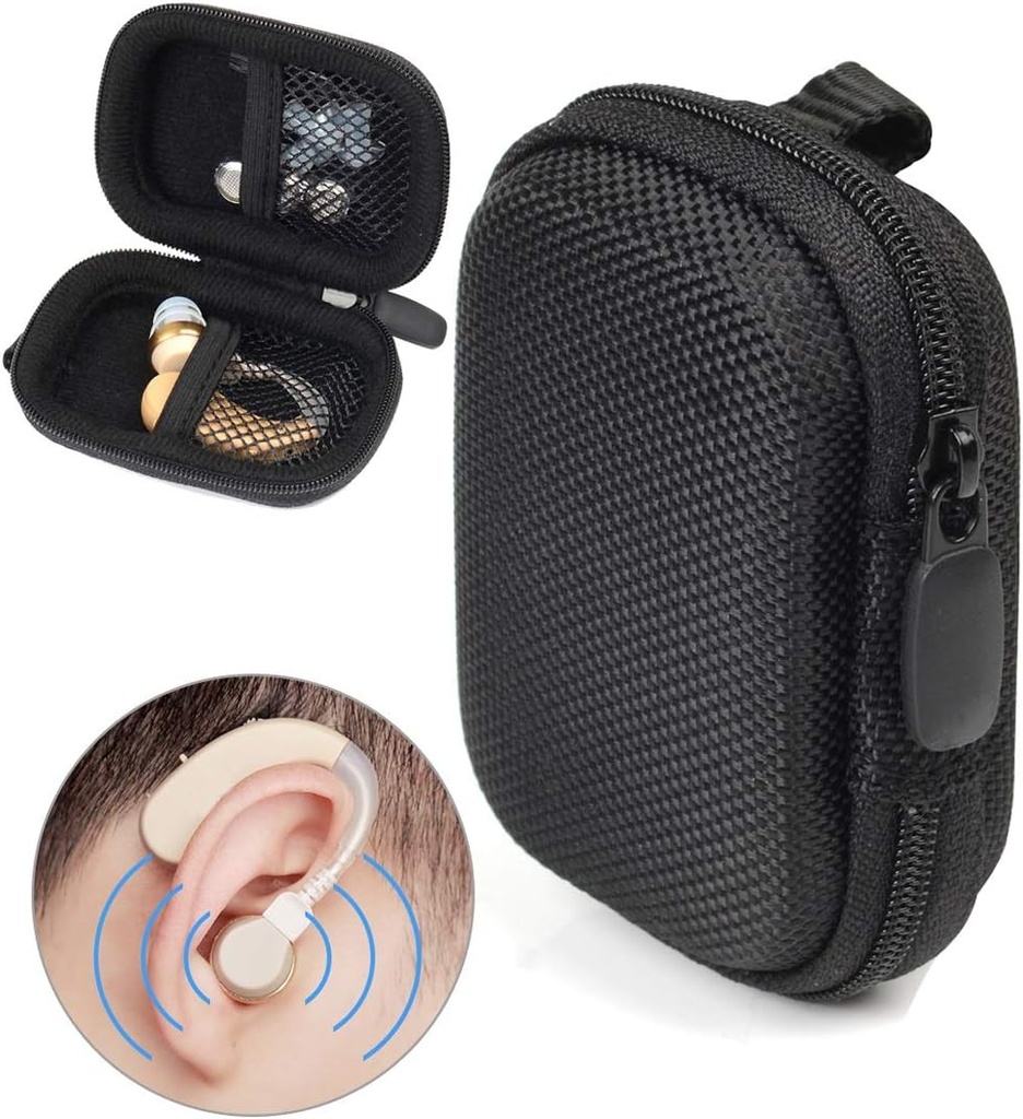 Funda protectora diseñada para ayuda auditiva, amplificador auditivo, amplificador de sonido personal, dispositivo de escucha, dispositivo de escucha, caja fuerte con bolsillo de malla, diseño universal (Bolítico)