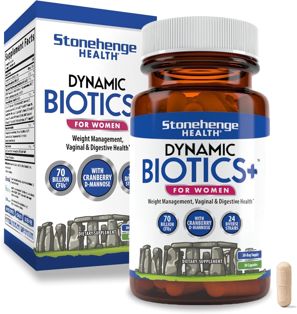 Stonehenge Health Probiotics 70 Billion CFU + 24 Strains, Prebiotic, Dynamic Biotics+ for Women, New Formula for Weight Management, Digestive &amp; Vaginal Support, Delayed Release Shelf Stable Non-GMO