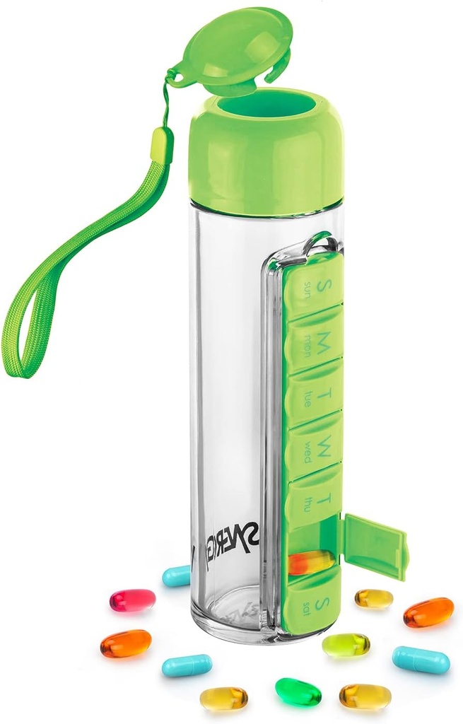 Synergy Water Bottle & Pill Organizer - Contenedor de almacenamiento de viajes para agua, jugo, vitaminas - Portable 7-Day Pillbox - para exteriores, gimnasio, viaje - Easy Carry Strap - BPA Free Plastic - 400ml (Green)