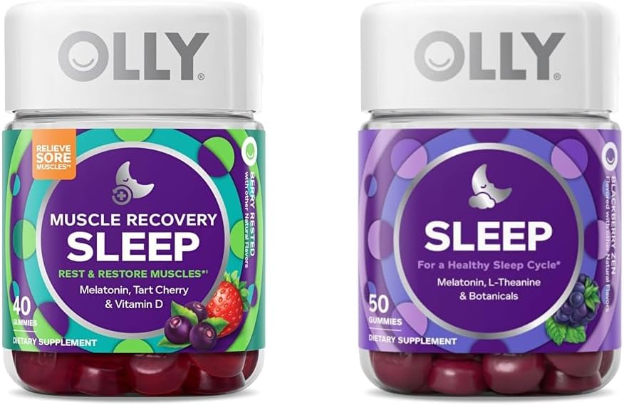 OLLY Muscle Recovery Sleep Gummies with Melatonin, Tart Cherry, Vitamina D, 40 Cuenta Sleep Gummy con Melatonina, L-Theanine, Chamomile, 50 Cuenta