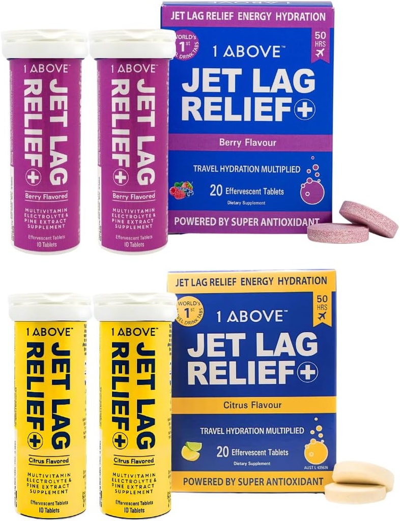 1ABOVE Jet Lag Relief Effervescent Multivitamin with Pycnogenol Travel Supplement for Hydration, Energy, Immune Support and Faster Recovery - Flight Essential - Citrus 20 Count and Berry 20 Count