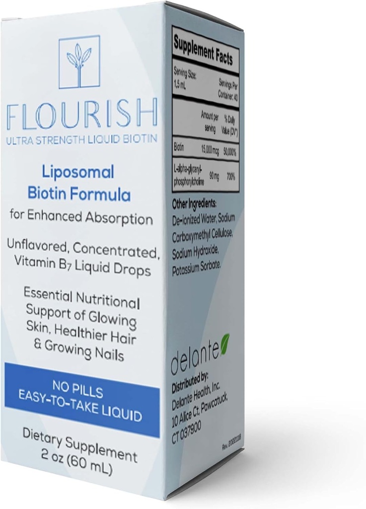 Solace Nutrición - Flourish Biotin Hair, Skin and Nails Vitaminas, Vitamina Líquida Suplementos con Vitamina B7, Suplemento de Crecimiento de Pelo Desflavorado, Vitaminas de Biotina Ultra-Strength, 15,000 mcg, 2fl oz