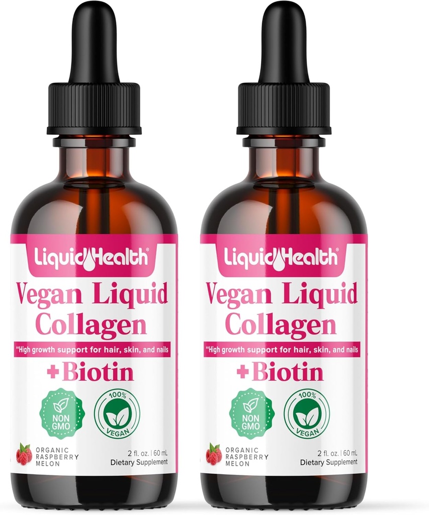 LIQUIDHEALTH 100% Vegan Collagen Plus Biotin 100.000mcg Liquid Drops - Collagen Líquido de base vegetal para hombres y mujeres - Hair & Nail Growth, Skin Health, Boosts Metabolism - Made in USA, Non-GMO (2 Pack)