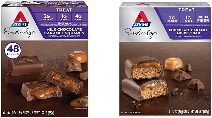 Atkins Endulge Milk Chocolate Caramel Squares 48 Count & Chocolate Caramel Mousse Bars 5 Count Bundle