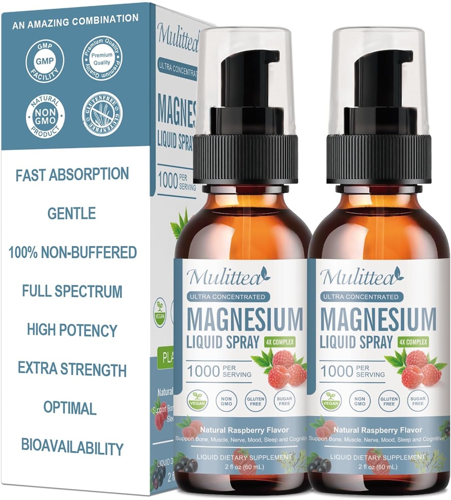 Magnesio Glycinate Líquido con Citrato, Taurate, Malate-Magnesium Complex Drops Spray w/Potasio L-Theanine-High Absorption -Vegan, Sugar Free, 2 Fl.oz