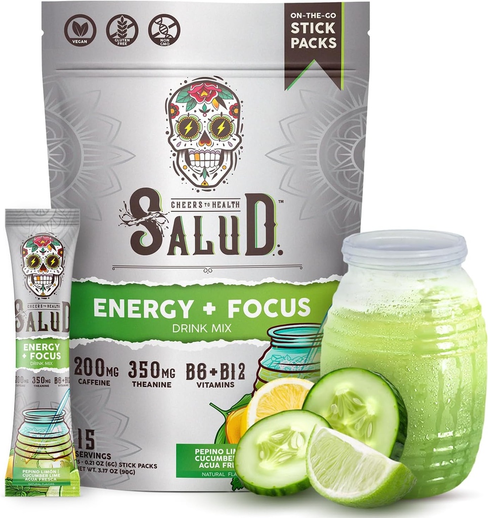 Salud 2-en-1 Bebida Energética Powder + Focus, Cucumber Lime, Organic Caffeine, B6 + B12, Theanine, Clean Energy Drink Packets, Agua Fresca Mix, Non-GMO, Gluten Free, Vegan, 1g de Sugar, (15 Servings)
