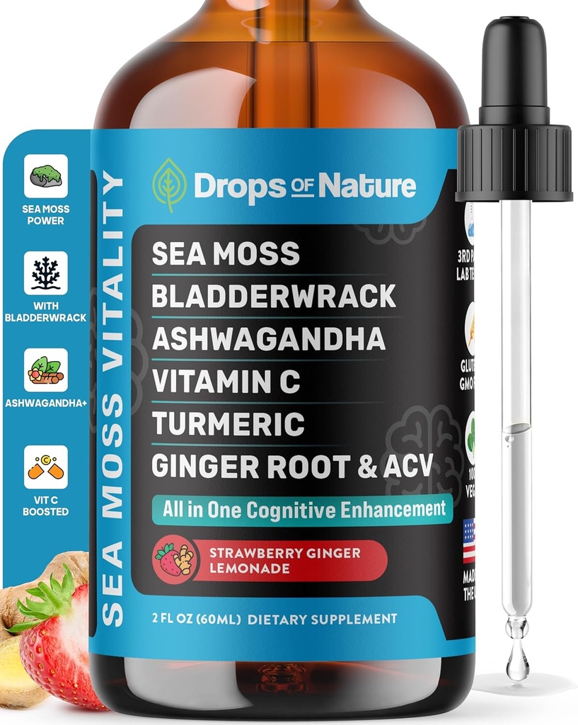 Ashwagandha & Turmeric Liquid Drops - Vitamina C, Sea Moss, Apple Cider Vinegar, Bladderwrack - Vegan Liquid Drops for Comprehensive Wellness Support & Vital Immunity (Strawberry Ginger Lemonade, 60mL)