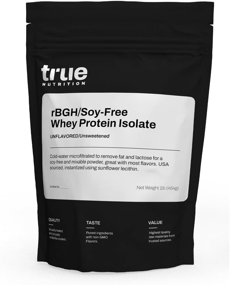True Nutrition - rBGH/Soy Free Whey Protein Isolate [Milk] - 100% Grass Fed Whey Protein Powder with Essential Amino Acids - No Añadido hormonales o antibióticos (Unflavored/Unsweetened, 1 lb)