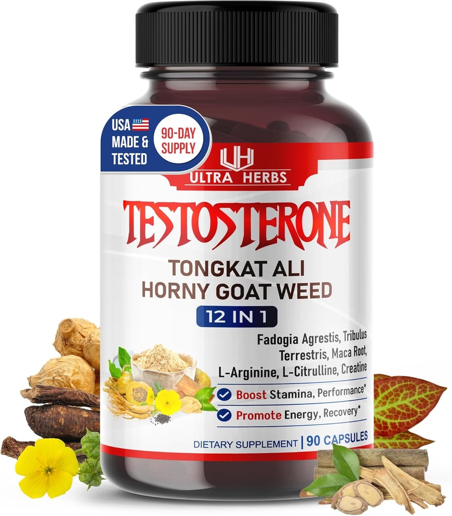 Ultra Test Capsule 12 en 1 Complejo con L-Arginine, Fadogia Agrestis, Tribulus Terrestris, Maca Root, Beetroot, L-Citrulline, Creatine - USA Made (90-Day Supply)