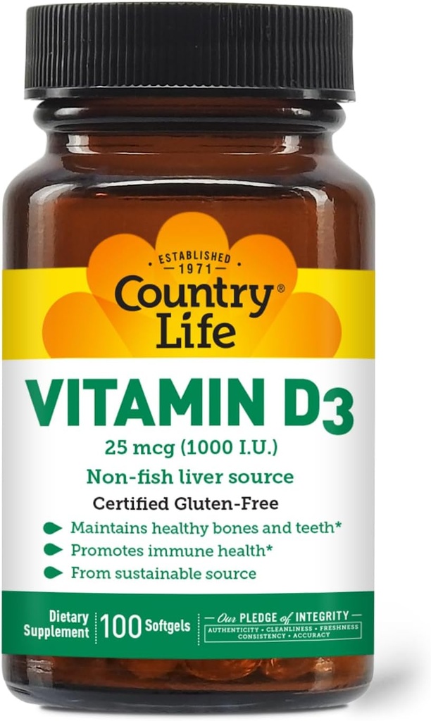 Vida País Vitamina D3, UI no-Fish 1000, 100 Softgels, Gluten certificado libre