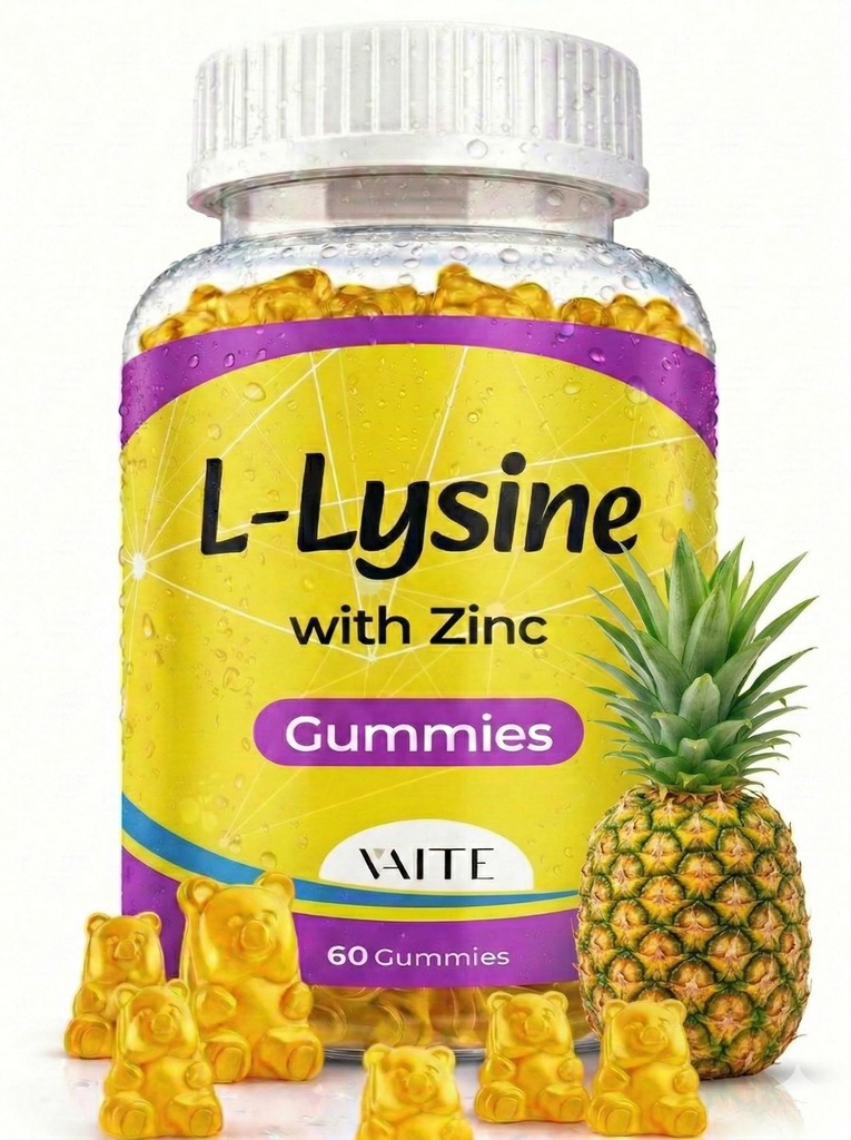VAITE L Lysine Gummies 1000mg with Zinc - Supports Skin, Lip, Vegan, Gluten Free, 60 Chewable L-Lysine for Adults, Vitamins Tissue Health & Immune System, Amino Acid & Complex Supplements, Non-GMO