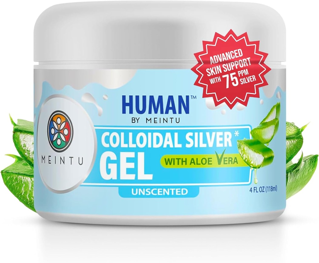 MEINTU Ultra-Pure Colloidal Plata Gel con Aloe Vera para Skin Bio-Active Silver Hydrosol Solución de gel para la piel - 4 oz - 75 PPM Caja fuerte para adultos, niños y mascotas