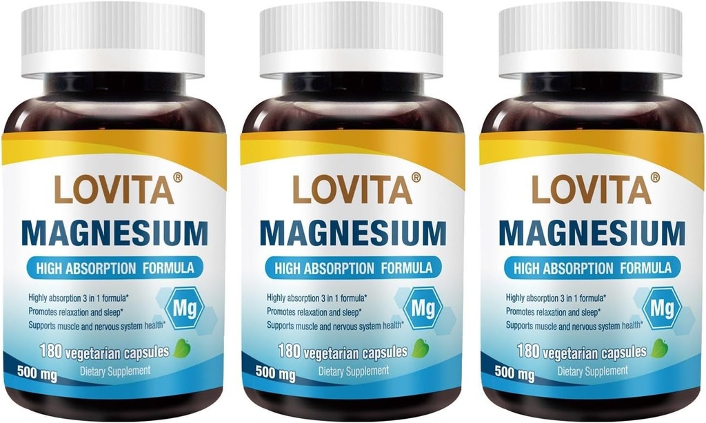 Complejo de Magnesio Triple Lovita 500mg, Fórmula de Alta Absorción y Potencia, Glycinate, Citrate & Oxide, Support Sleep, Relax, Heart, Nerves & Bone Health, 180 cápsulas Vegan (Pack of 3)
