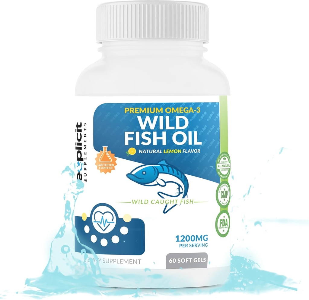 Wild Fish Oil Omega 3 - EPA/DHA - Burpless, Lemon Flavored Non-GMO, Gluten &amp; Soy Free – 1200mg por Serving, 60 Servings, 60 Capsules