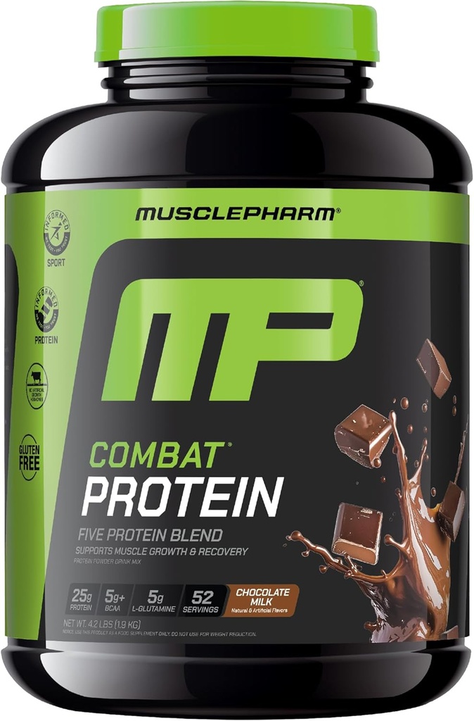 MusclePharm Combat Protein Powder, Chocolate Milk Flavor, Fuels Muscles for Productive Workouts, 5 Protein Sources including Whey Protein Isolate &amp; Egg Albumin, Gluten Free, 4.2 lb, 52 Servings
