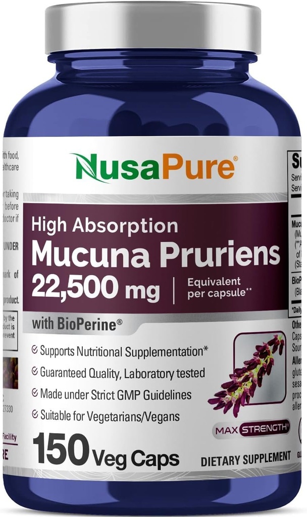 NusaPure Mucuna Pruriens 50:1 Extracto, 450 mg Equivalente a 22,500mg 150 Veggie Caps (No-GMO, Vegan, Gluten Free, Bio-Perina)