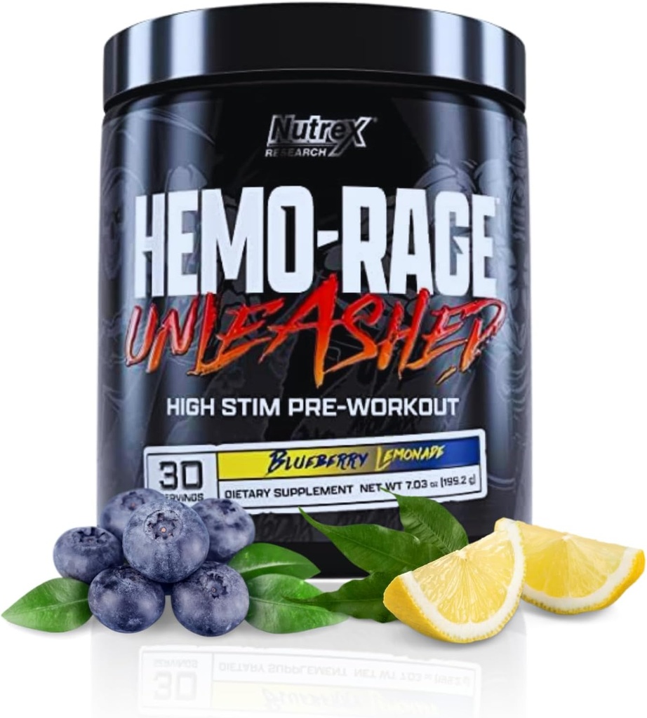 Nutrex Research Hemo-Rage Extreme High Stim Pre Workout Powder ¦ Insane Lasting Energy, Focus, Endurance &amp; Pump Booster Preworkout Suplemento ← Blueberry Lemonade 30 Servings