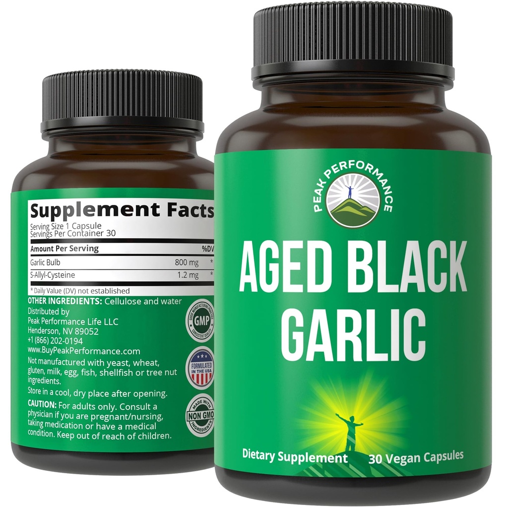 Peak Performance Aged Black Garlic Capsules. Crudo Vegan Puro Extracto sin olor Píldoras de suplemento para el colesterol, y Soporte Inmuno. de Ajo Bulbo con S-Allyl Cysteine y Antioxidantes