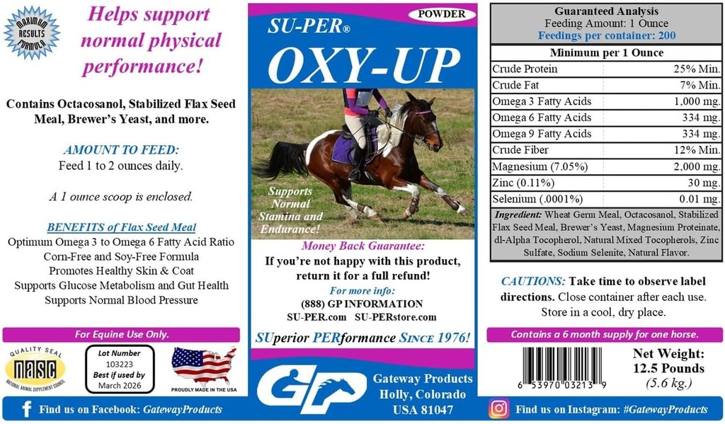 SU-PER Oxy-Up Performance Horse Supplement - Supports Normal Stamina and Endurance - Wheat Germ Extract, B-Complex Vitaminas, Magnesio - 12,5 libras, 6 meses de suministro