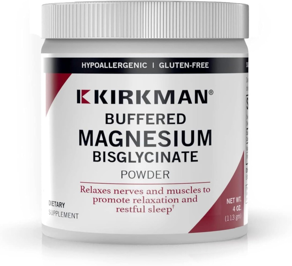 Kirkman Buffered Magnesium Bisglycinate Powder - Bio-Max Series  113 gm/ 4 oz Powder ← Free of Common allergens  Promociona la relajación y el sueño reparado ← Gluten y Casein Free ← Mineral Mineral