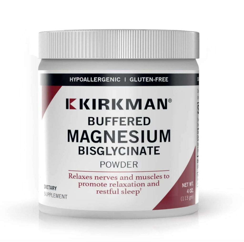 Kirkman Buffered Magnesium Bisglycinate Powder - Bio-Max Series  113 gm/ 4 oz Powder ← Free of Common allergens  Promociona la relajación y el sueño reparado ← Gluten y Casein Free ← Mineral Mineral