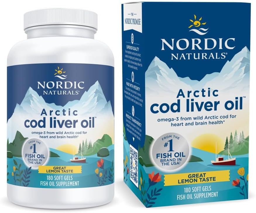 Naturales nórdicos Aceite de hígado de bacalao, limón - 180 geles blandos - 750 mg Total Omega-3 con EPA &amp; DHA - Corazón &amp; Salud cerebral, Inmunidad saludable, Bienestar general - No GMO - 60 Actuaciones