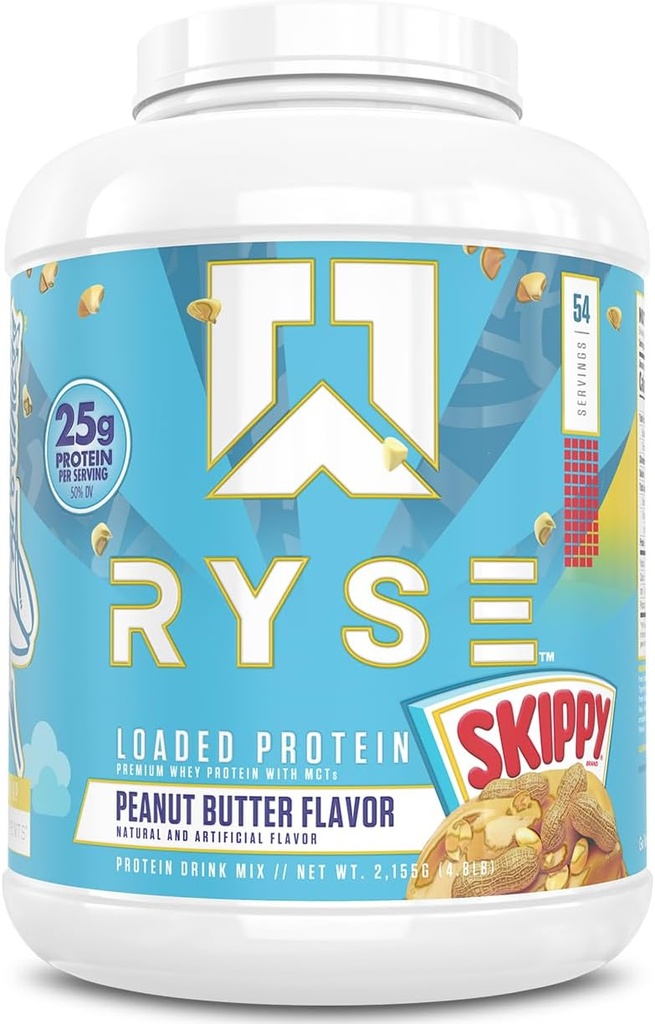 Polvo de proteína cargada RYSE - mantequilla de cacahuete espontáneo - 25g Whey Protein Isolate " Concentrate with Prebiotic Fiber " MCTs - Low Carb, Low Sugar, Digestive-Friendly - 54 Servings / 4 lb Tub