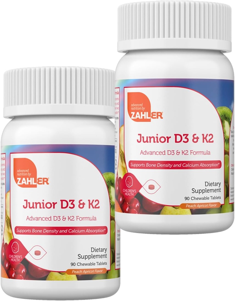 Zahler - Junior Vitamin D3 + K2 Chewable Tablets for Kids| Vitamin D for Kids 2000 IU | Delicious Vitamin D K2 Chews to Support Healthy Bones & Teeth - Kosher, Less Sugar Than Gummies (2 Pack)