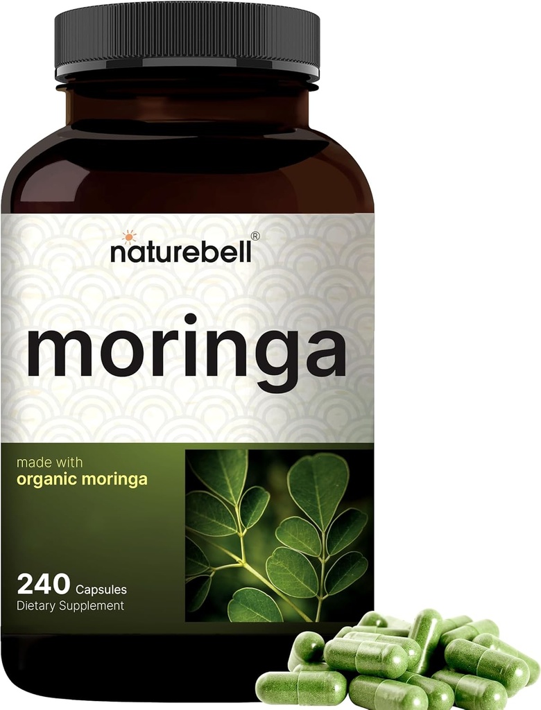 NatureBell Pure Moringa Capsules  Made with Moringa Powder Organic, 240 cápsulas – Green Superfood, Skin Health, &amp; Immune Support – Non-GMO, Gluten Free, 4 meses de suministro