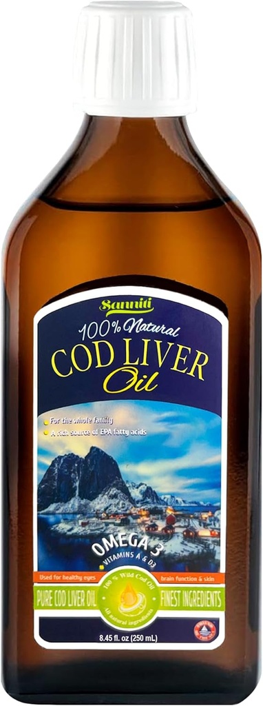 Sanniti 100% Natural Cod Liver Oil, 1081 mg Total Omega-3 Fatty Acids, Wild Caught Nordic, 250 mL (8.4 oz) (Unflavored)