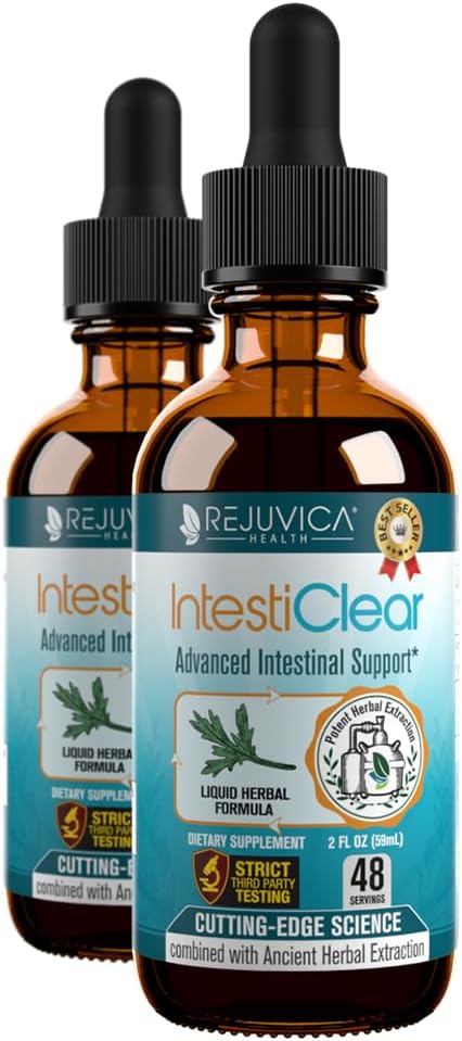 Rejuvica Health IntestiClear - Advanced Intestinal Cleanse Support for Humans - All-Herbal Liquid Formula for Fast Absorption - Bonus Liver Support - Wormwood, Black Walnut, Ginger y Más