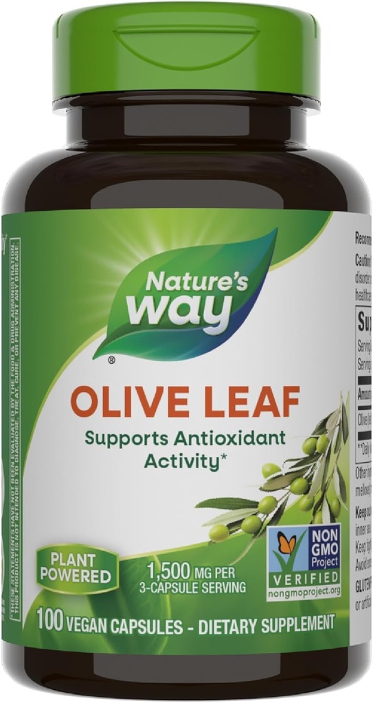 Hoja de oliva de la naturaleza - 1.500 mg por servicio de 3 cápsulas - Apoya la actividad antioxidante* - Cápsulas de hierba de hoja de oliva - Proyecto no GMO Verificado - Gluten Gratis - 100 Cápsulas Veganas