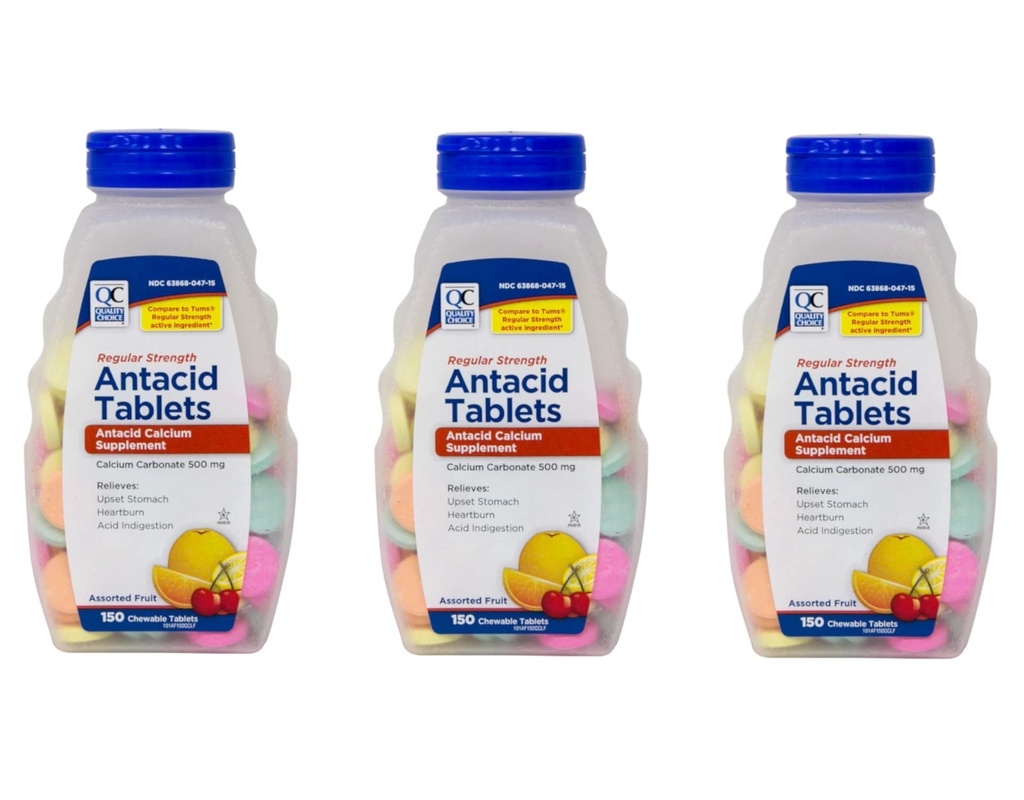 Quality Choice Regular Strength Calcium Carbonate 500 mg Antacid Chewable Tablets, 150 Count - Pack of 3