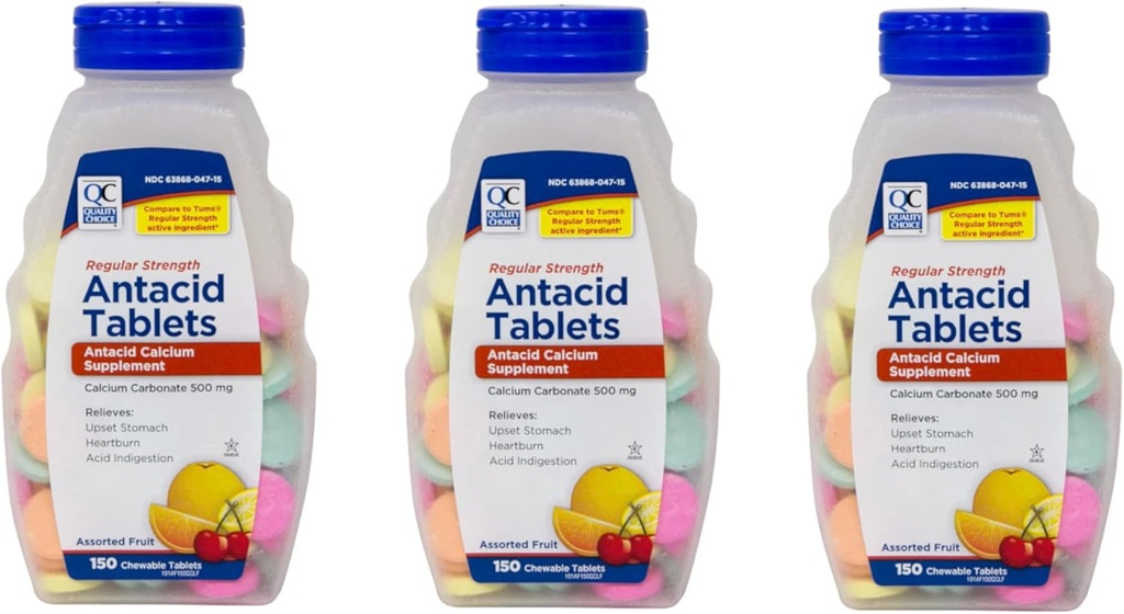 Quality Choice Regular Strength Calcium Carbonate 500 mg Antacid Chewable Tablets, 150 Count - Pack of 3