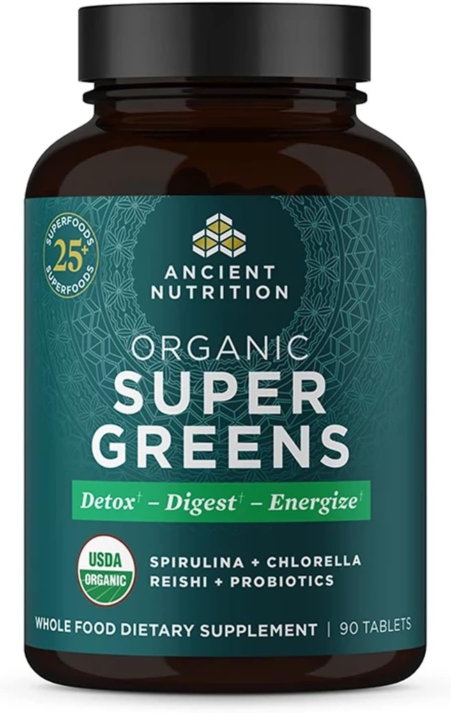 Nutrición antigua Super Verdes con Probióticos, Tabletas de Superalimentos Orgánicos Hecho de Spirulina, Clorella, Moringa y un Probiótico Resiliente, 30 Servimientos, 90 Cuenta
