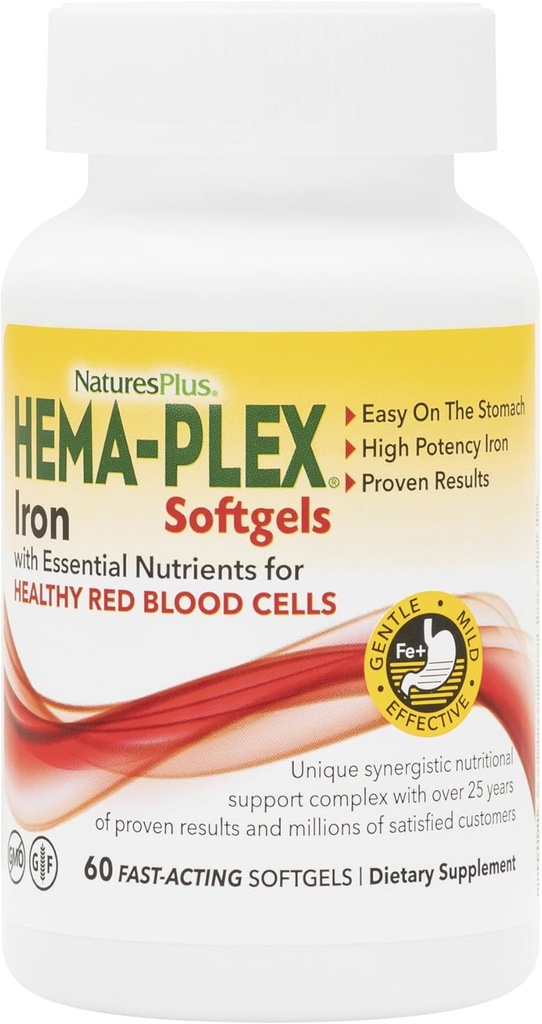 NaturesPlus Hema-Plex Iron - 60 Fast-Acting Softgels - 85 mg Iron + Vitamina C " Bioflavonoids for Healthy Red Blood Cells - Vegan, Gluten Free - 20 Servings