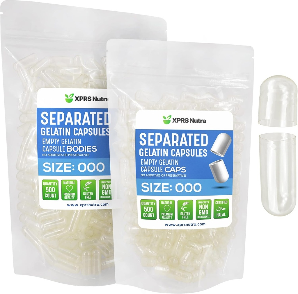 XPRS Nutra Cápsulas separadas Tamaño 000-500 Conde claro Grandes Cápsulas de Gelatina Vacío Separados en Bolsas - Láminas de Gel Premium Clear - Píldoras para relleno de suplementos DIY