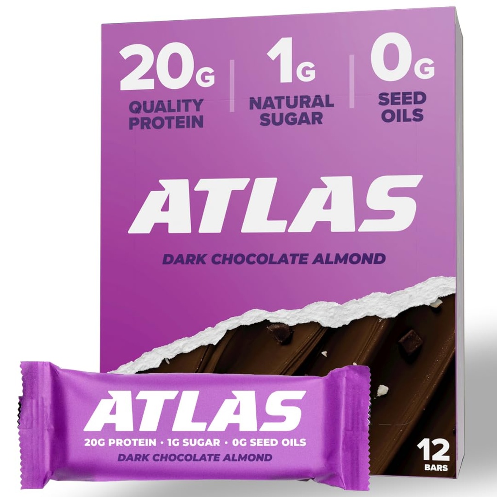 Atlas Bar – 20g Protein, 1g Azúcar, 0g Aceites de semillas, 0g Sweeteners artificiales (Dark Chocolate Almond, 12 Cuenta)
